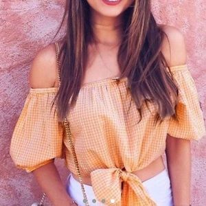 ZARA GINGHAM YELLOW BARDOT CROP TOP S
